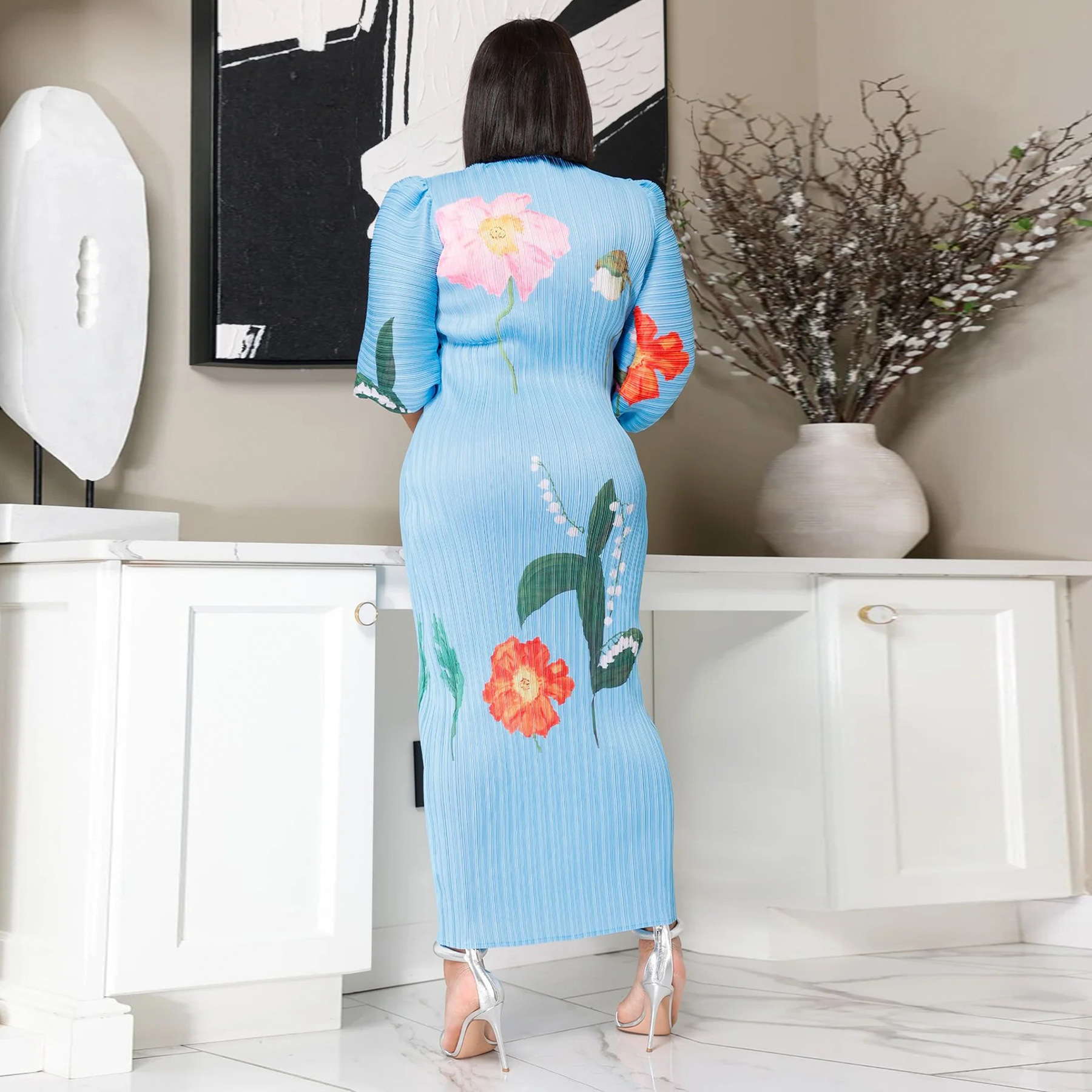 Women's Dress With Puffy Sleeves And Pleats For Formal Occasions_voghion.com