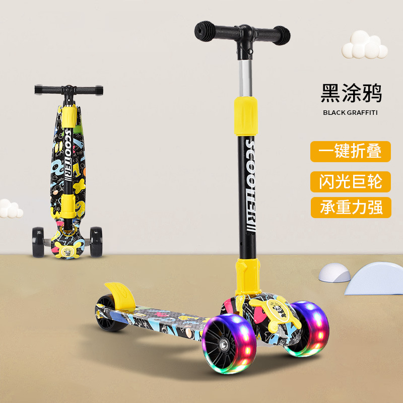 Los niños de graffiti scooter niños y niñas de la música del bebé Scooter de luz resistente a la caída de 2-12 años de edad coche plegable