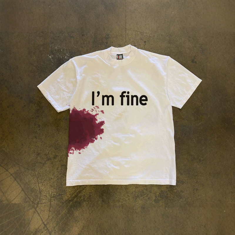 250g Heavyweight Pure Cotton! American-Style Oversize I'M Fine Print Retro Loose Short-Sleeve T-Shirt for Men Y2K Trend