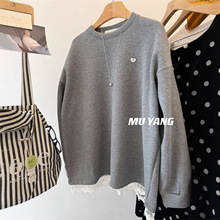 韩系蕾丝花边圆领卫衣女冬加绒加厚中长款宽松慵懒风洋气打底上衣