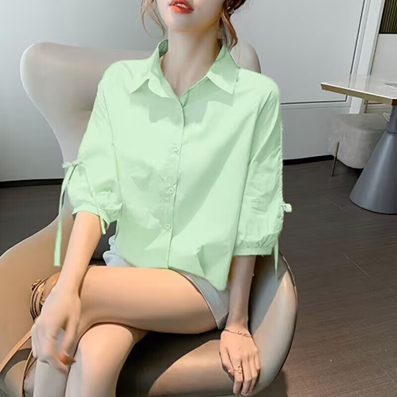 Mid-sleeve shirt women's summer fashionable western style new loose breathable top five-point lantern sleeve shirt women's short-sleeved shirt