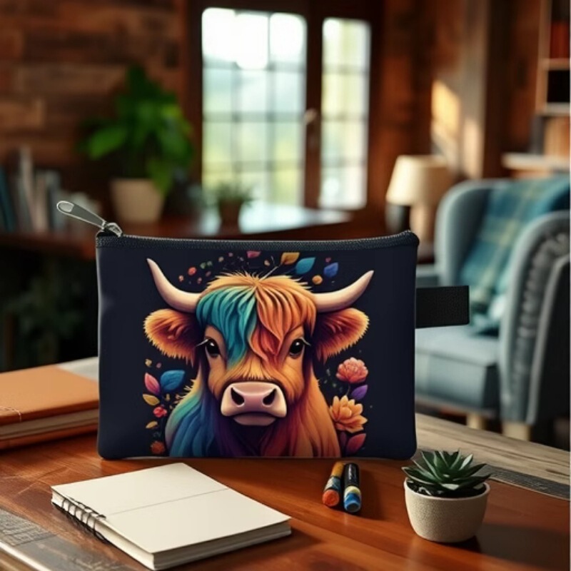 2025 Sunflower Highland Cow Small Coin Purse Children's Cute Printed Coin Key Storage Bag ID Bag