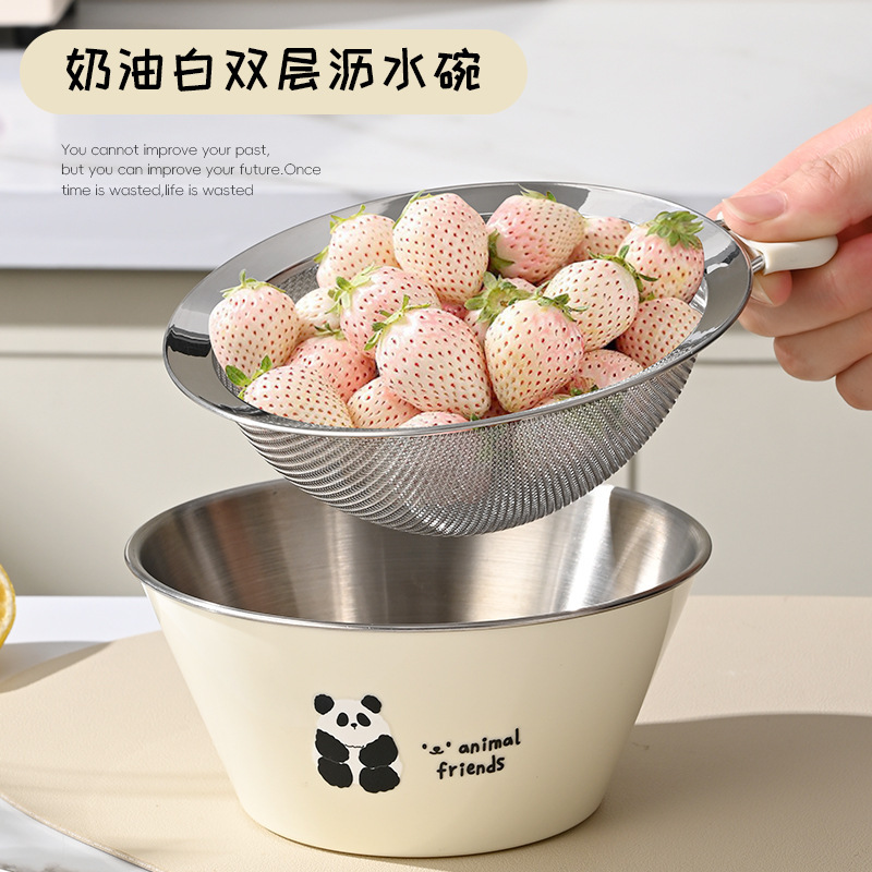 304 ステンレス鋼のフルーツプレート家庭用米と野菜の洗濯ボウル漫画クリームスタイル排水バスケット排水ボウル|undefined