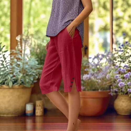 2025 New Women's Casual Loose Pocket Cotton Linen Elastic Pants Five-Finger Shorts for Amazon Cross-Border Sales