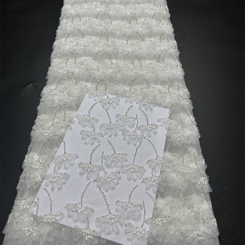 Flores de cuentas de arroz bordadas de verano tela bordada vestido tridimensional moda danza vestido de cena tela de encaje
