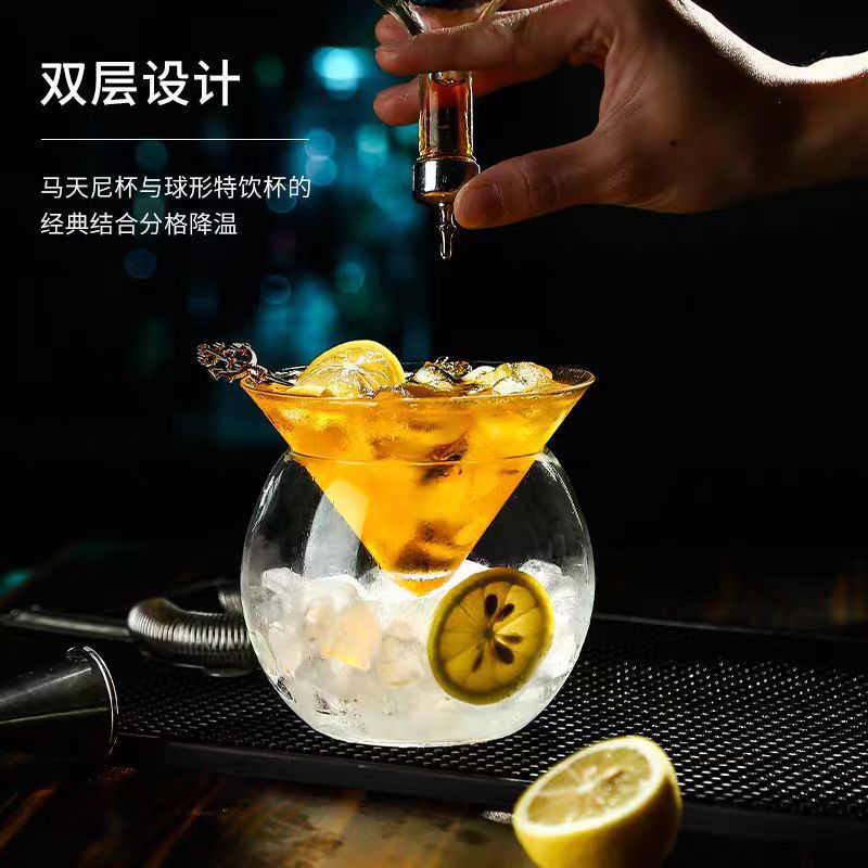 Tazas de cóctel heladas de doble capa, tazas moleculares de margarita, tazas triangulares de vidrio de personalidad creativa, tazas martini