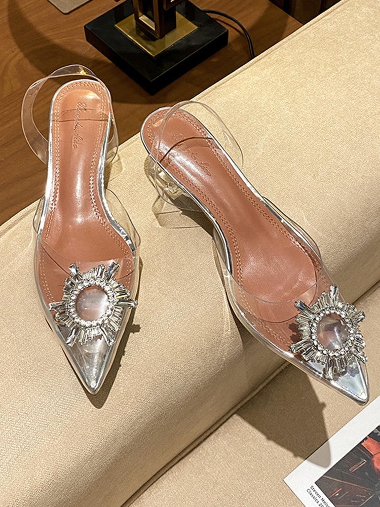 Sandalias de Punta cerrada para mujeres 2022 nueva primavera rhinestone punta puntiaguda tacón grueso versátil sexy temperamento boca baja cristal transparente zapatos de una sola capa