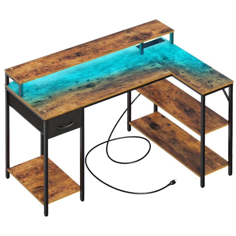 With USB Socket Corner Table Led Light with Gaming Table with Monitor Stand Computer Desk Home Office Writing Desk