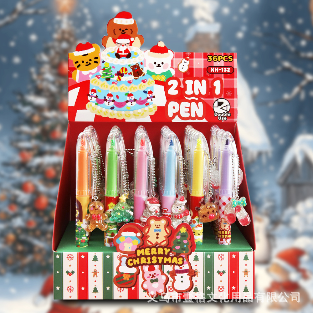 Navidad de doble cabeza bolígrafo neutro resaltador de dibujos animados Santa Claus reno vacaciones pequeños regalos de alto valor colgante bolígrafo de agua