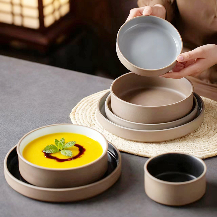 Stoneware Straight Mouth Bowl and Plate Japanese Deep Plate Flats Bottom Dish Salad Bowl Restaurant Seafood Dinner Plate Steak Plate Retro Round Plate