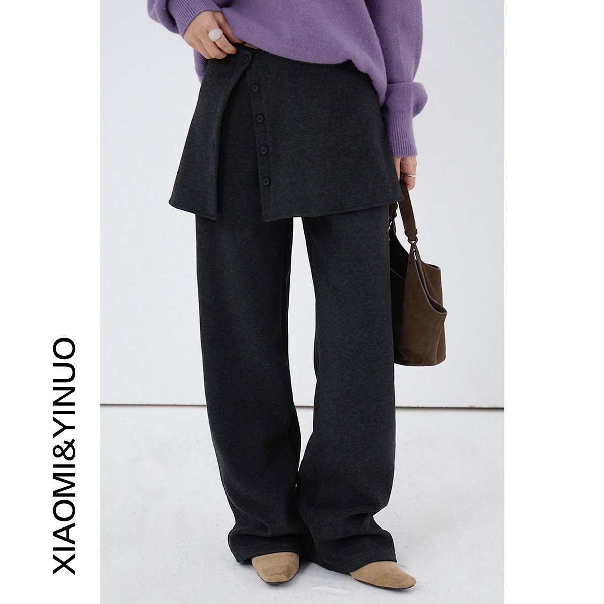 【Oufan】Trendy and Stylish Detachable Flap High-Waisted Flared Fleece-Lined Casual Slimming Women's Wool Pants 3289