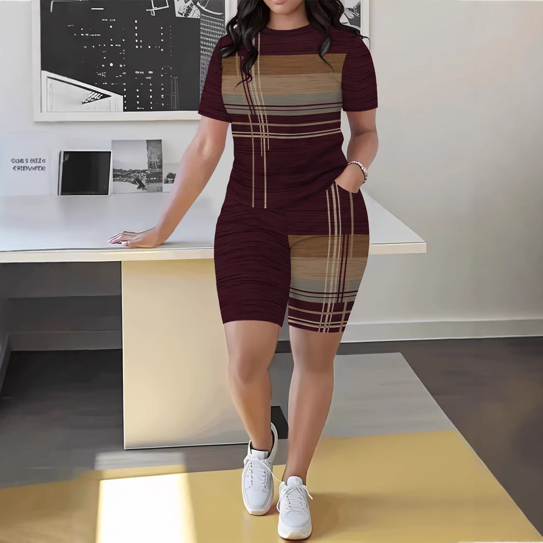 Women's Geometric Print Short Sleeve T-Shirt And Shorts Set - Comfortable Casual Summer Outfit Versatile Two-Piece Coordination_ecoleips.com