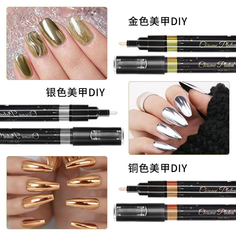 Cruz-frontera uñas arte graffiti pluma cromado espejo de metal marcador pintura flor gancho oro y plata pintado uñas arte pluma