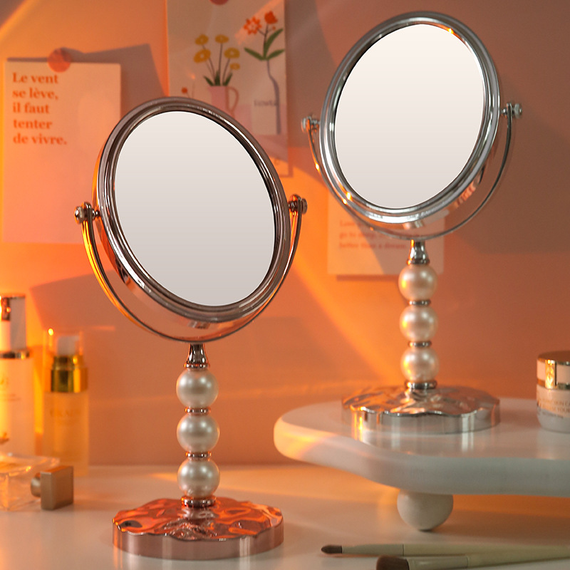 Espejo de maquillaje de doble cara, espejo de belleza de escritorio de alta definición, espejo de maquillaje giratorio, espejo de escritorio de perlas
