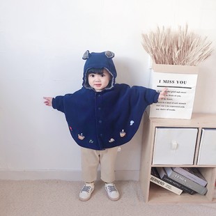 Japanese-Style Children's Clothing Baby Cape Autumn and Winter Embroidered Fleece Thick Cartoon Baby Stylish Hooded Shawl
