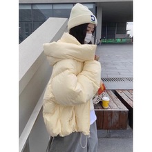 韩版2023冬季连帽奶黄色羽绒服女短款加厚90白鸭绒小个子保暖外套