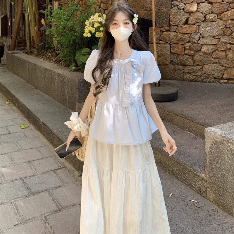 Французская синяя женская рубашка с пышными рукавами и галстуком-бабочкой, топ в милом и нежном стиле, рубашка-бебидолл с короткими рукавами