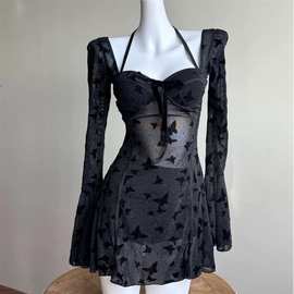 黑色蝴蝶细闪连体裙式游泳衣女长袖遮肉显瘦透视性感小胸聚拢温泉