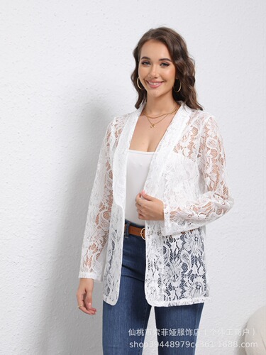 Stylish White Ruffled Blazer with Lace Splicing, Chic Women's Elegant Fashion Outerwear Jacket