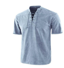 2022亚马逊新款男士短袖上衣Eaby中世纪气眼系带立领男士套头衬衫