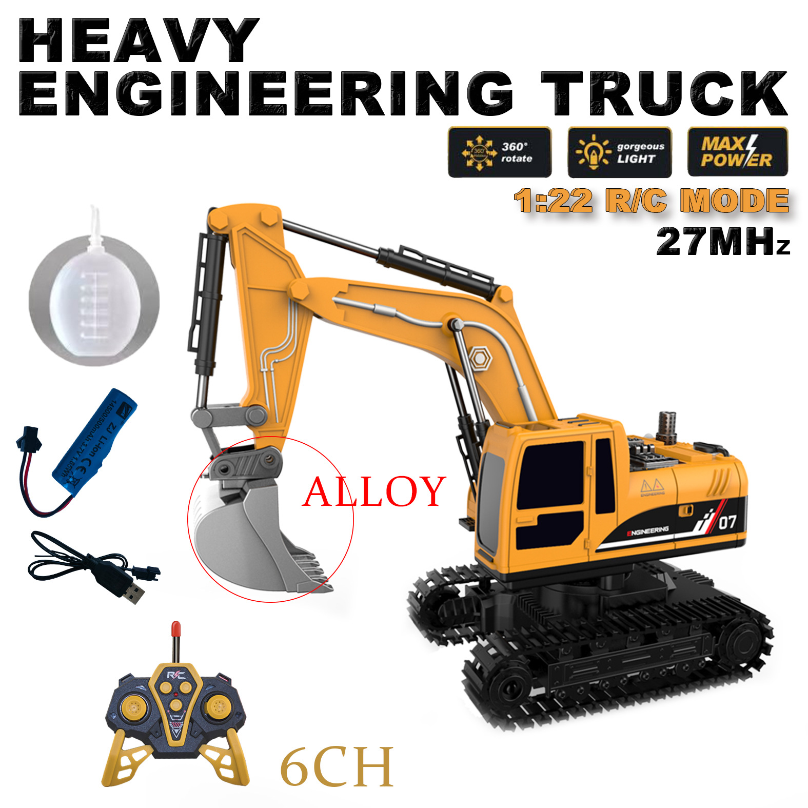 【1:22】Six-channel alloy remote control excavator engineering machine【light and s…