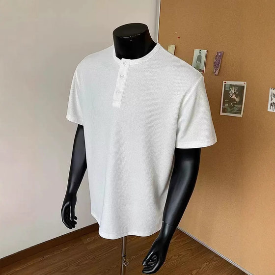 Binzi with Henry Collar Short-sleeved Men's Summer Waffle Shoulder T-shirt Base Shirt light gray American Polo Shirt