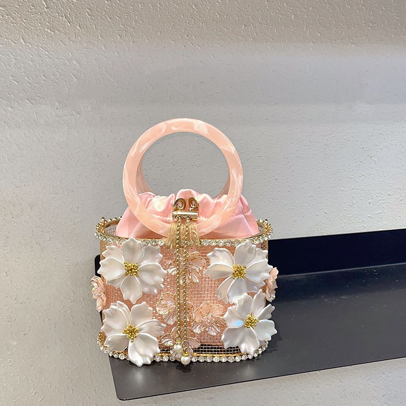 欧美复古太阳花朵鸟笼手工镂空闪亮不灵水钻链条菜篮子水桶包