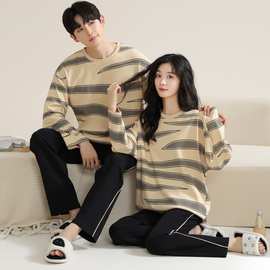 情侣睡衣女春秋款纯棉套装2023年新款卡通冬季可外穿条纹男家居服