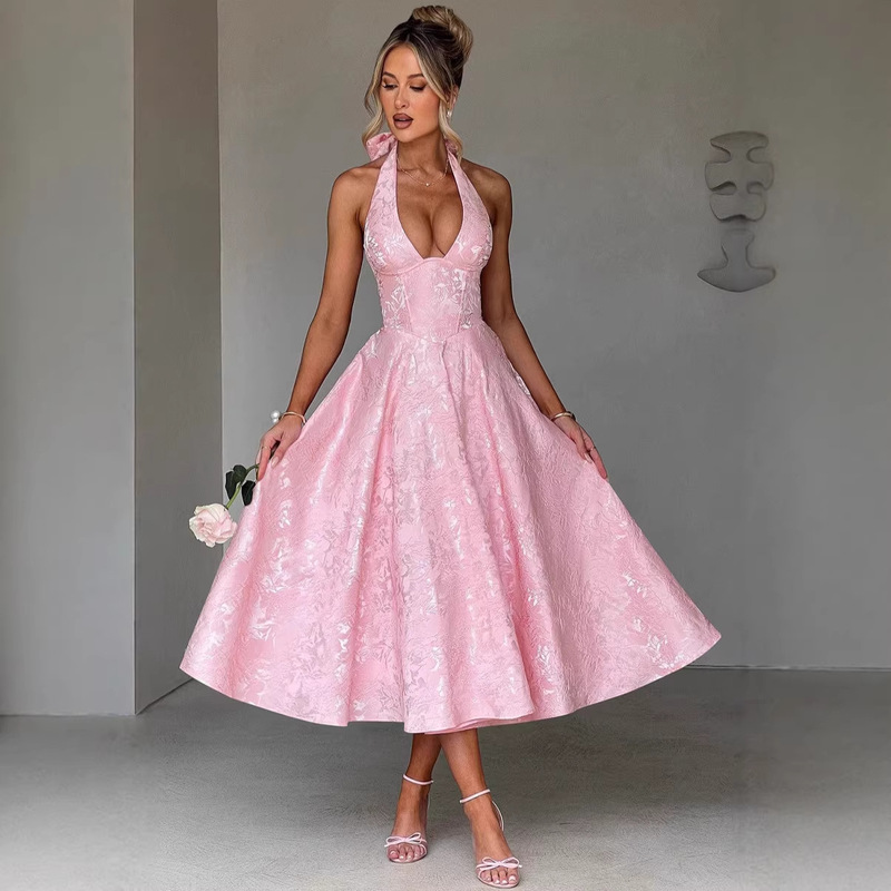 Cross-Border Trade Jacquard Halter Neck Dress, High-End Evening Gown, Spring and Summer Style, Sleeveless, Backless, Waist-Cinching Long Dress Cross-Border Trade Jacquard Halter Neck Dress, High-End Evening Gown, Spring and Summer Style, Sleeveless, Backless, Waist-Cinching Long Dress