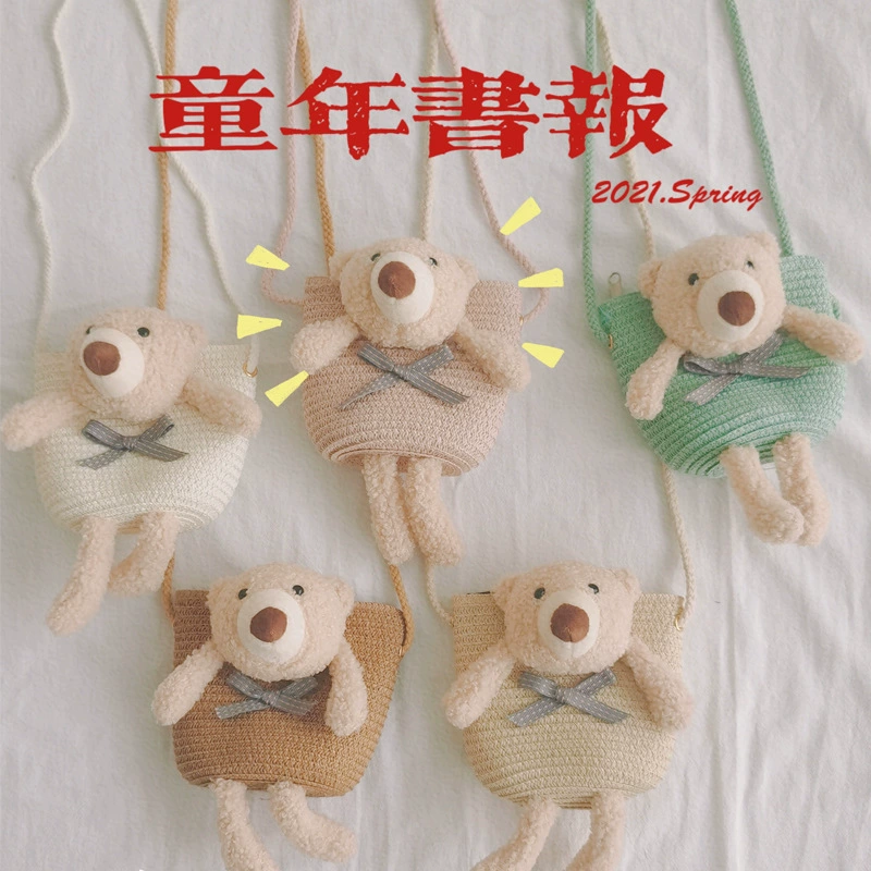 Детская соломенная маленькая сумка, детская летняя свежая летняя новая сумка через плечо с мультяшным медведем, пляжная сумка