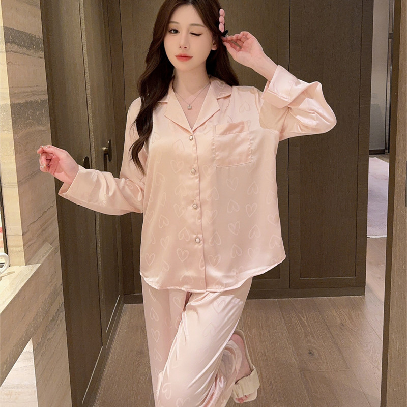 Ice Silk Pajamas Women's Spring Summer Autumn Sexy Long Sleeve Pants Two-Piece Set Internet Celebrity 2024 Explosions Temperament Simple Home Clothes