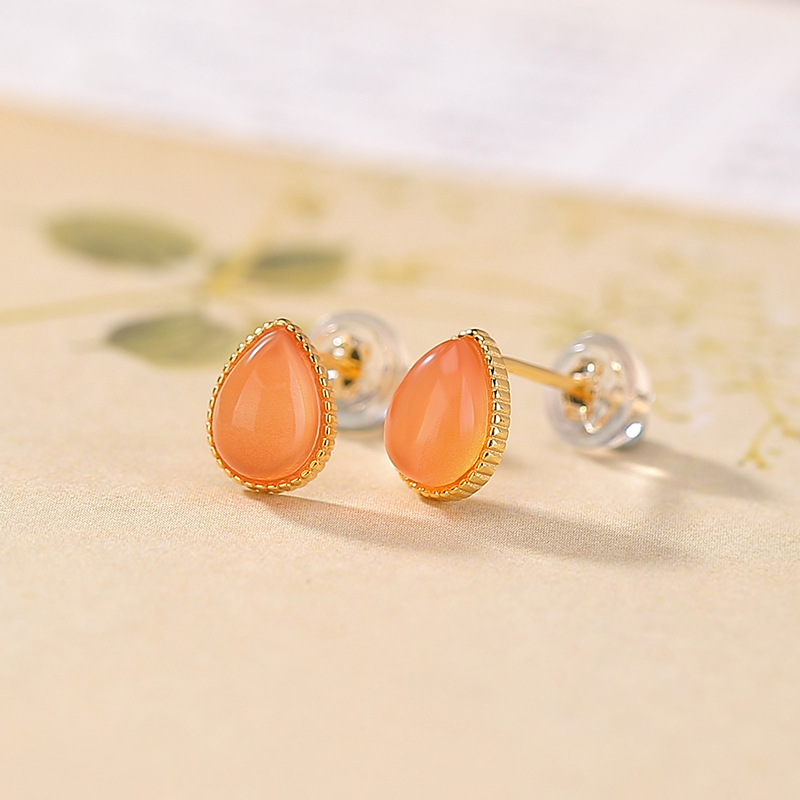 Bông tai stud bạc S925 mạ vàng đính đá mã não nước hồng — Cặp đôi