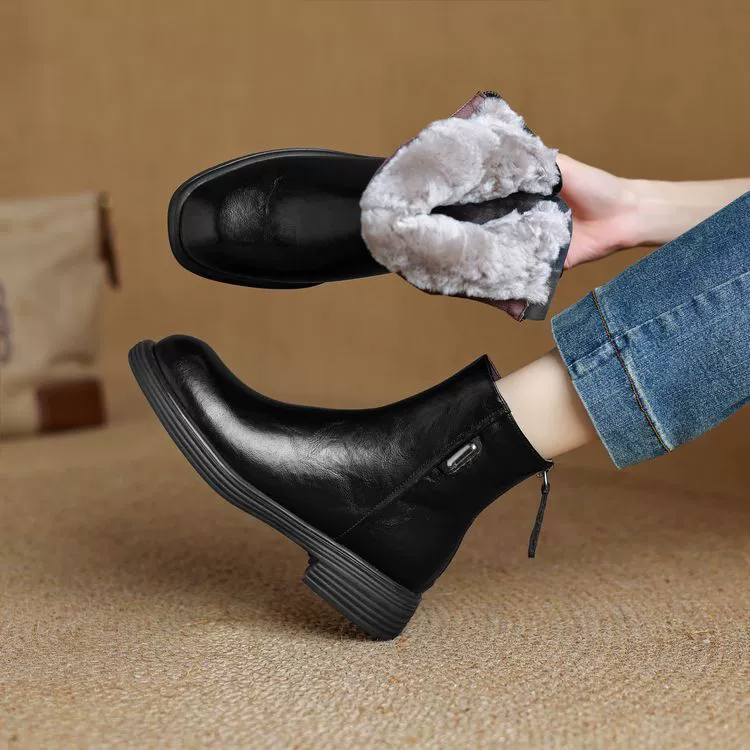 2024 осень и зима новый ~ 3cm кожаные сапоги с мягкой подошвкой женский английский стиль Martin сапоги короткие сапоги из овчины