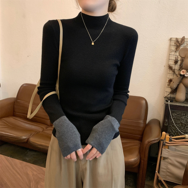 Factory Ready-Made Contrasting Color Half Turtleneck Knitted Sweater Women's Spring Autumn and Winter Slim and Stylish Inner Top Bottoming Shirt