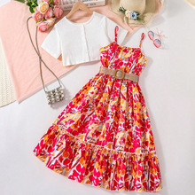 跨境童装批发欧美风碎花满印荷叶边吊带裙短款短袖上衣女童两件套