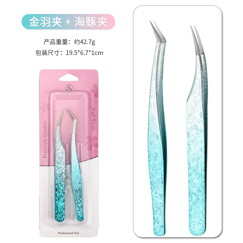 Joyería de uñas de precisión transfronteriza pinzas Flor de hielo galvanoplastia delfín Pluma de Oro Clip 2 unidades traje pinzas herramientas de uñas