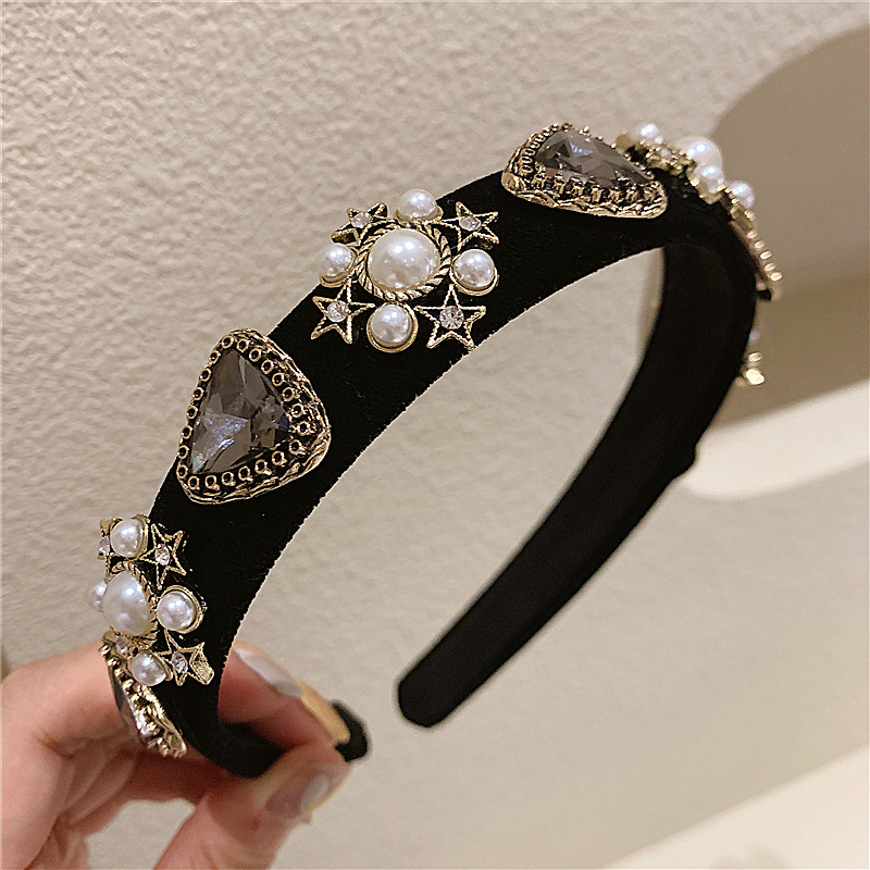 Korean Retro Baroque Style Diamond Velvet High-end Sense Hairband Pearl Headband Women's Pressed Hair Hairpin Girls' Fashion