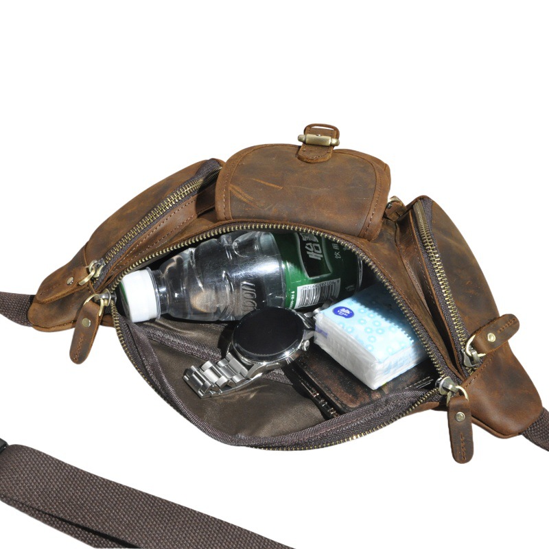 Cross-border hot selling men's retro first layer cowhide waist bag Leisure outdoor mountaineering travel 8-inch crossbody bag chest bag 380