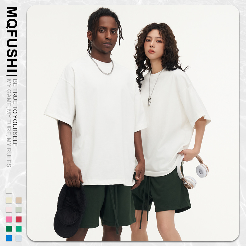 Cross-border foreign trade 350g European size pure cotton T-shirt printed logo figure heavy top men's solid color inner White basic style