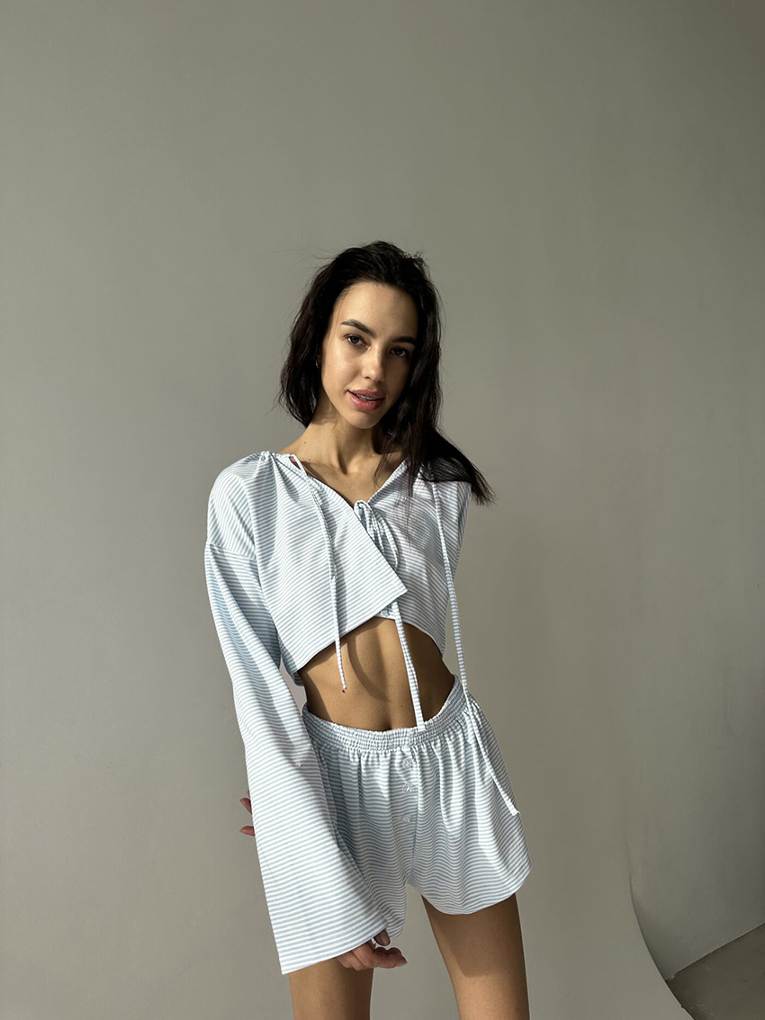 ChicShe 2025 European American Striped Knitted Cotton Pajamas Women, New Autumn And Winter Long Sleeve Shorts, Cross-Border_voghion.com