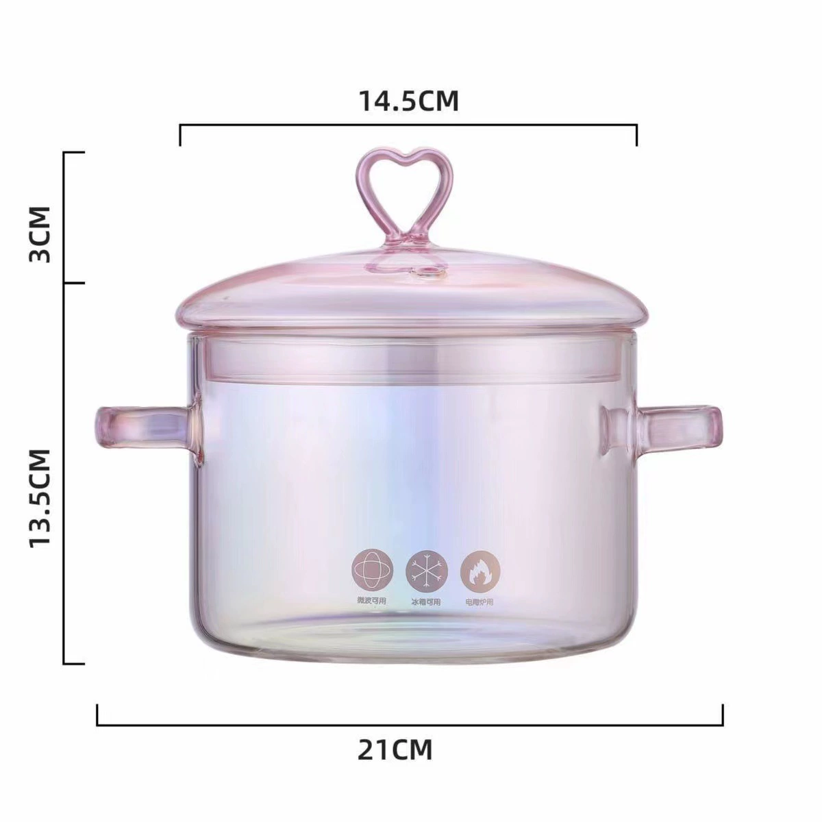 Стеклянная стеклянная кастрюля для тушения Borosilicate 1500 мл, розовая с крышкой‑ с ручкой в форме сердца
