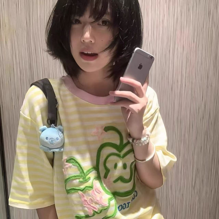 小柄なアップル刺繍キャンパスストライプ半袖Tシャツレディース2025年夏新作ゆったりスリムカジュアルスタイルトップス|undefined