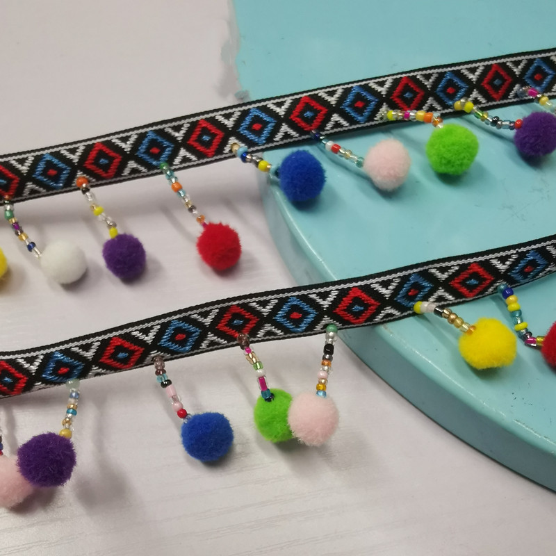 新款批发彩色毛球手工串珠流苏 民族风织带饰品配件汉服DIY珠子