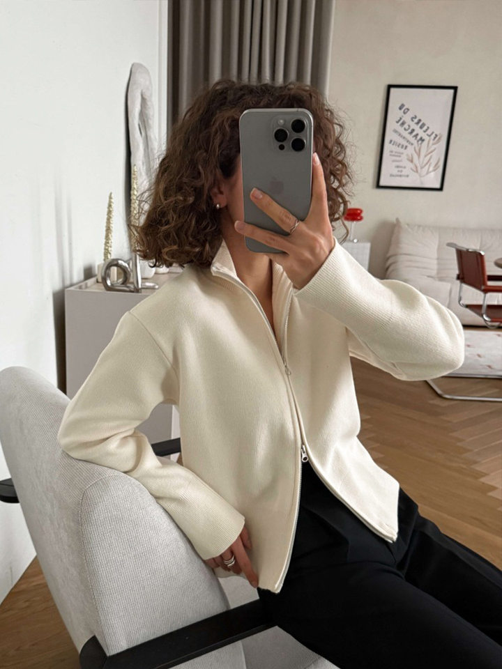 Áo khoác cardigan len dệt kim cổ đứng khóa kéo hai chiều dài tay — Màu nâu cà phê, Màu trắng, màu đen, màu đỏ chi tiết 3