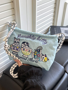 Ballchain Japanese summer tea cup cat crossbody women's bag 2025 cross-border foreign trade embroidery nylon cloth shoulder bag