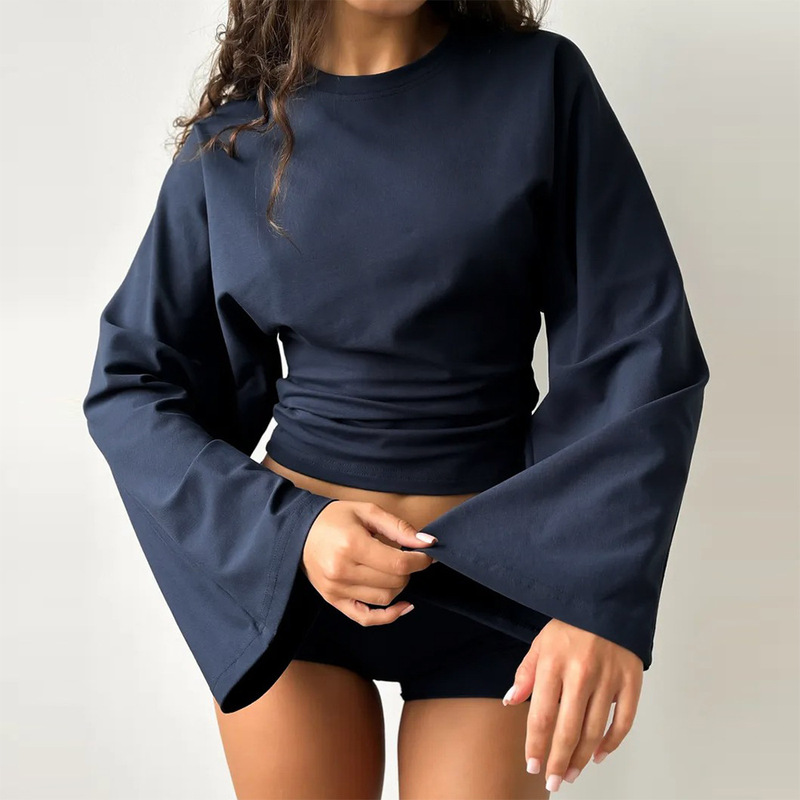 Cross-border European and American 2026 autumn new collection: elegant, work-appropriate, short, pleated, waist-cinching, batwing-sleeve, long-sleeved knit T-shirt for women Cross-border European and American 2026 autumn new collection: elegant, work-appropriate, short, pleated, waist-cinching, batwing-sleeve, long-sleeved knit T-shirt for women