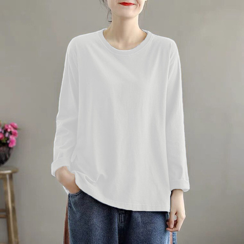 This year's popular belly cover small shirt spring and autumn versatile literary large size casual long-sleeved undershirt loose t-shirt for women 