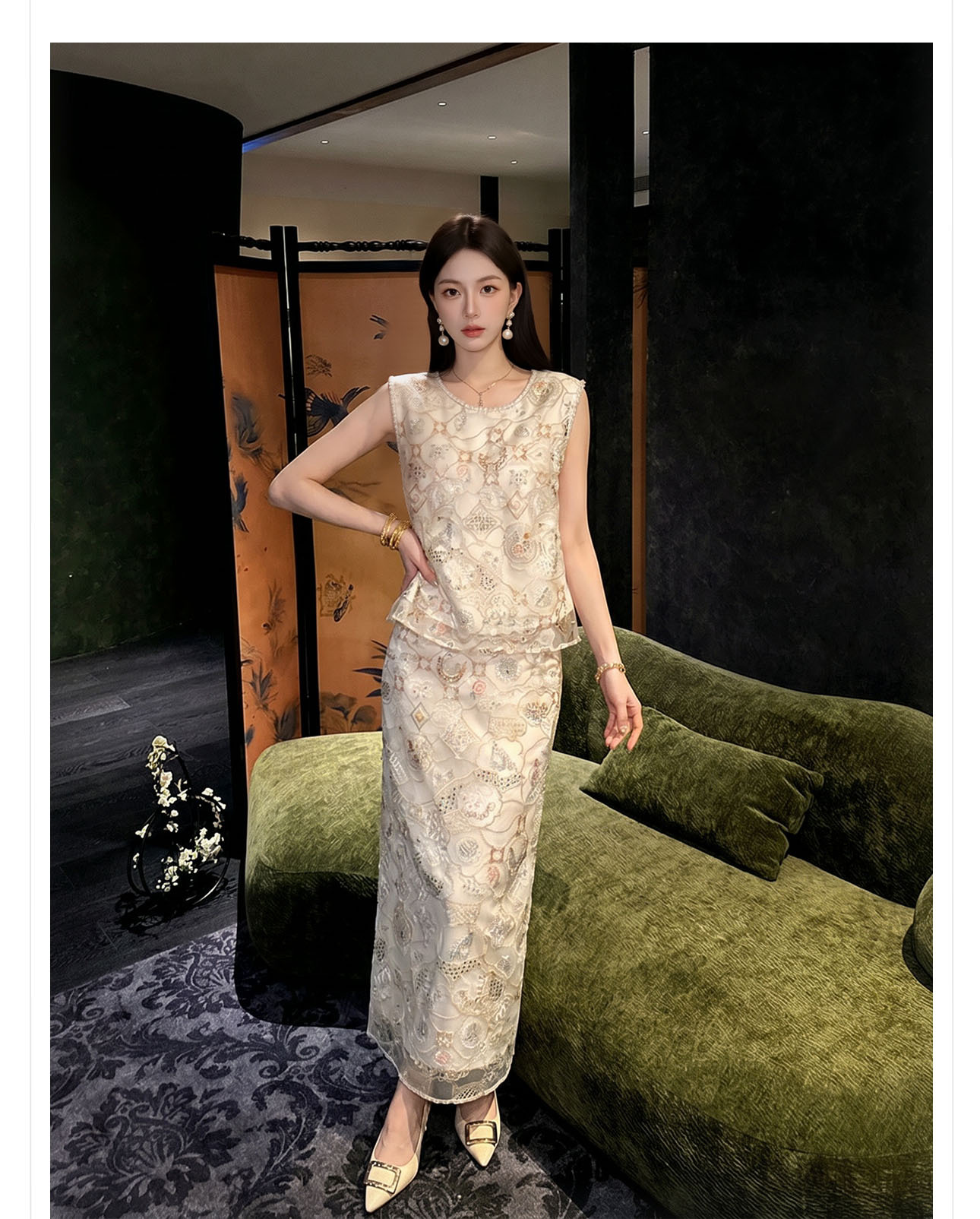 Bộ áo vest không tay và chân váy midi thêu ren cườm phong cách Tân Trung Hoa — bộ đồ, nửa váy, Trang chủ chi tiết 6