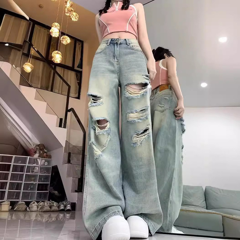 Hong Kong Style Ripped Design Wide Leg Jeans Women's Summer Waist Adjustable High Waist All-match Niche Straight Pants