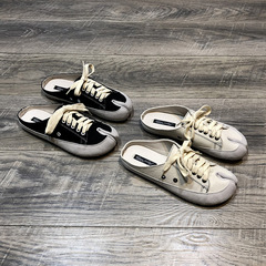 INS Split-toe Canvas Pig's Foot Half Slippers for Women, 2024 Spring/Summer New Arrival – Lace-Up, Closed-Toe Design, Versatile & Retro Style